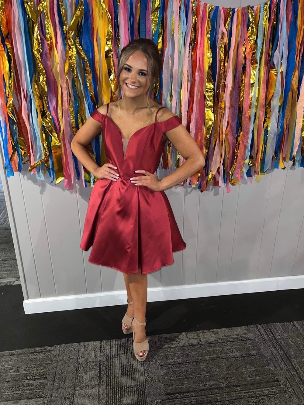 JVN by Jovani Burgundy Satin Off-Shoulder A-Line Dress